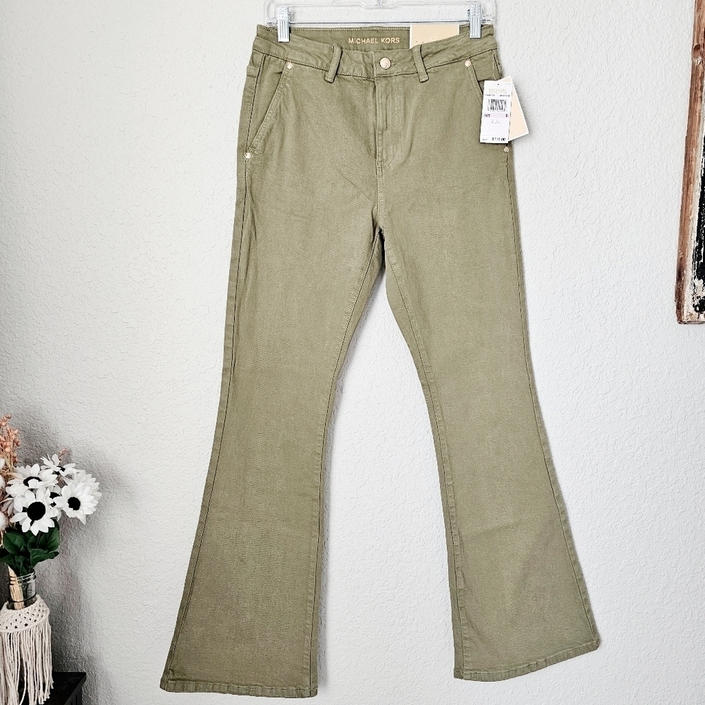 MICHAEL Michael Kors High Rise Selma Flare Jeans Olive Green Retro Stretch 6 NEW - Picture 5 of 13